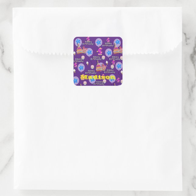 Square Stickers, #5 Happy 5th Birthday Purple Sticker (Bag)