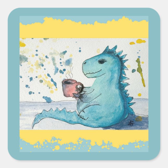 Square Stickers of a Dinosaur Drinking Coffee  (Front)