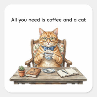 Square Stickers Orange Tabby Cat Drinking Coffee