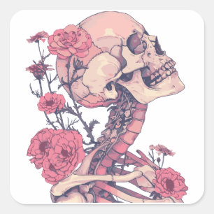 Square Stickers. Skeleton with flowers. Pink color Sticker