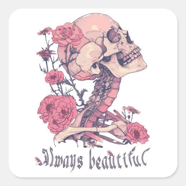 Square Stickers. Skeleton with flowers. Pink color Sticker (Front)