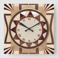 Square Sun Art Deco Clock - Faux Wooden Antique
