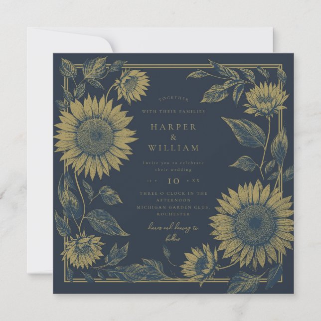 square sunflower navy yellow wedding invitation (Front)
