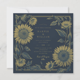 square sunflower navy yellow wedding invitation