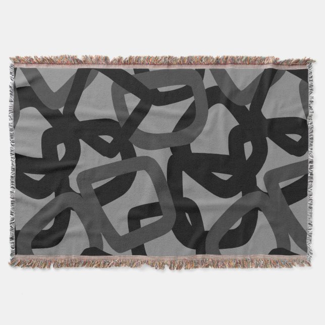 Square Tangle Black & Charcoal Grey Throw Blanket (Front)