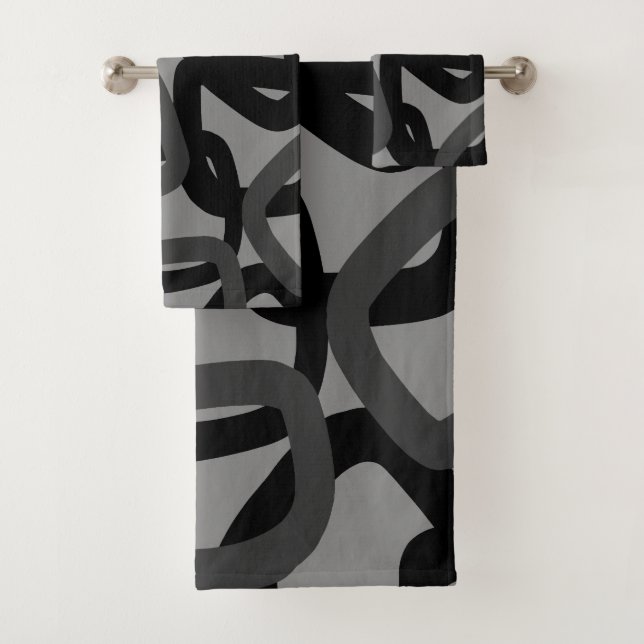Square Tangle Jet Black Charcoal Grey Bath Towel Set (Insitu)