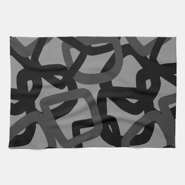 Square Tangle Jet Black Charcoal Grey Tea Towel (Horizontal)