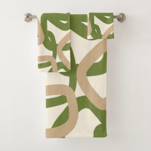 Square Tangle Olive Green Warm Taupe Bath Towel Set