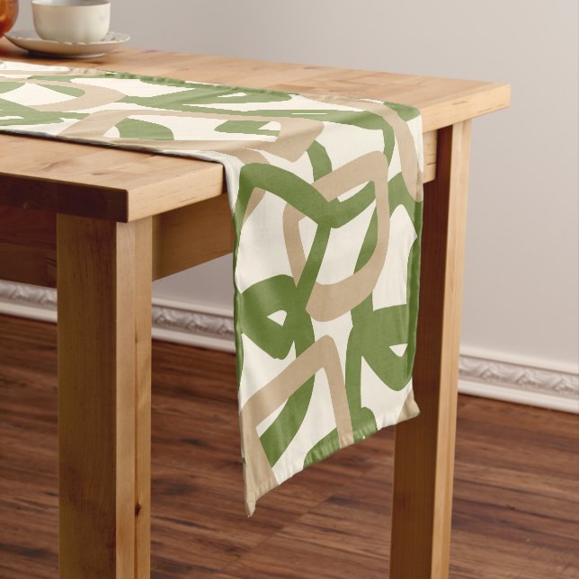 Square Tangle Olive Green Warm Taupe Short Table Runner (In Situ)