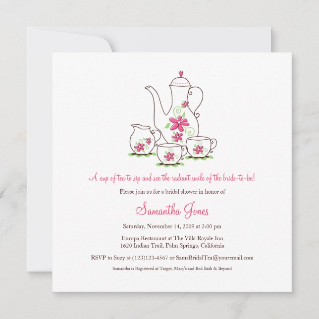 Square Tea Set Bridal Shower Invitations, Pink Invitation (Front)