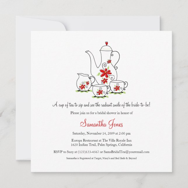 Square Tea Set Bridal Shower Invitations, Red Invitation (Front)