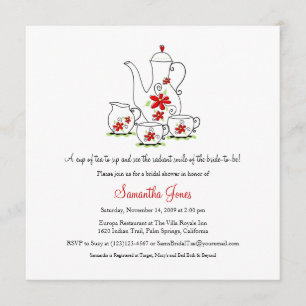 Square Tea Set Bridal Shower Invitations, Red Invitation