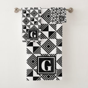 Square Triangle Geometric Black White Monogram Bath Towel Set