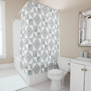 Square Triangle Geometric Grey White Monogram Shower Curtain