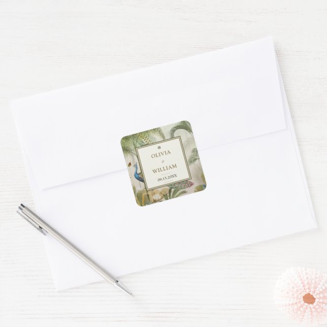 Square Tropical Peacock Palm Wedding Sticker Label (Envelope)