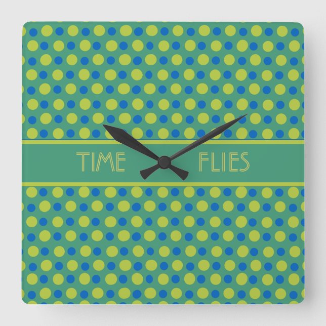 Square Wall Clock, Blue, and Green Polka Dots Clock (Front)