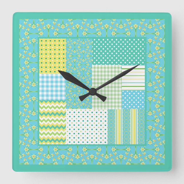 Square Wall Clock: Daffodil Faux-Patchwork Square Wall Clock (Front)