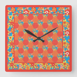 Square Wall Clock, Ditzy Orange Floral Patchwork Clock