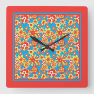 Square Wall Clock, Ditzy Orange Flowers Clock