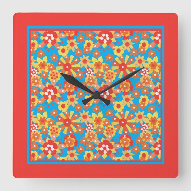 Square Wall Clock, Ditzy Orange Flowers Square Wall Clock (Front)