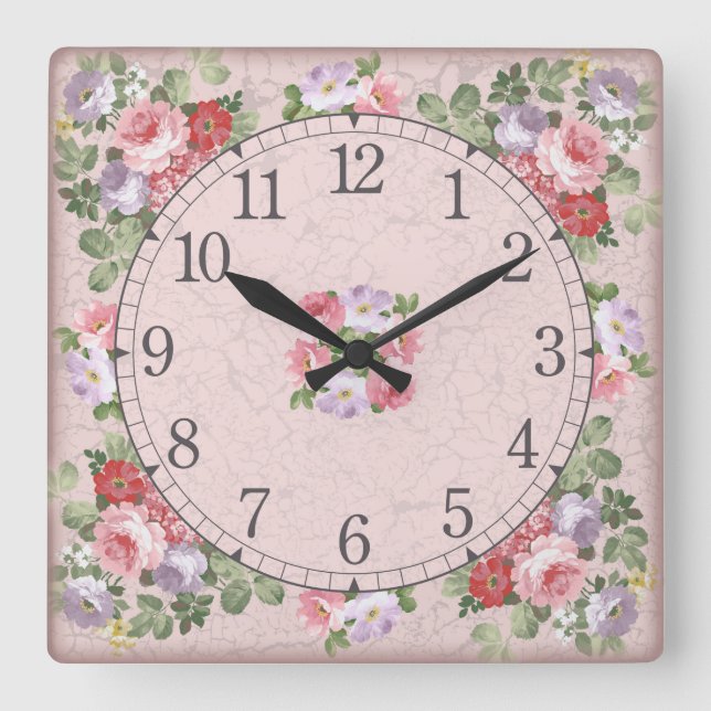 Square wall clock - floral design (Front)