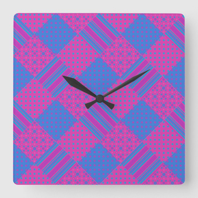 Square Wall Clock:  Magenta, Blue Faux-Patchwork Clock (Front)