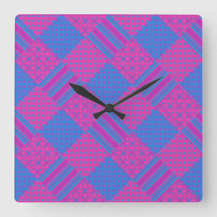 Square Wall Clock:  Magenta, Blue Faux-Patchwork Clock