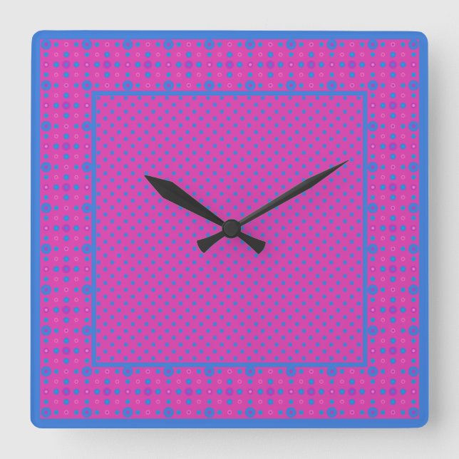 Square Wall Clock,  Magenta: Bright Blue Dots Clock (Front)