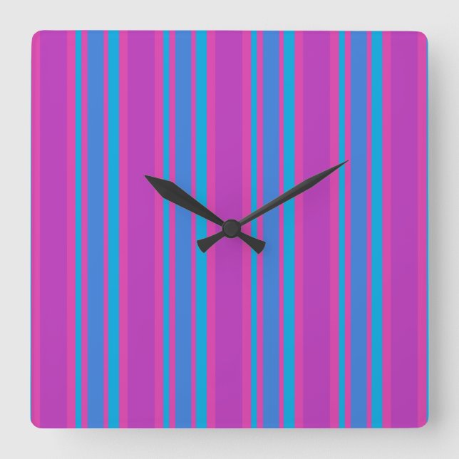 Square Wall Clock:  Magenta, Purple, Blue Stripes Clock (Front)