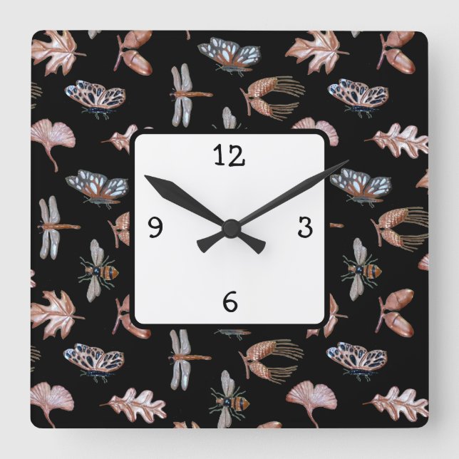 Square Wall Clock Nature theme copper & black (Front)