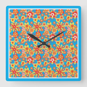 Square Wall Clock, Orange Flowers, Blue Border Clock