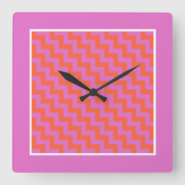Square Wall Clock, Pink, Magenta, Orange Chevrons Clock (Front)