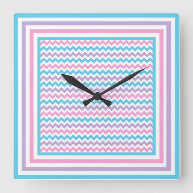 Square Wall Clock, Pink, Mauve, Turquoise Chevrons Clock (Front)