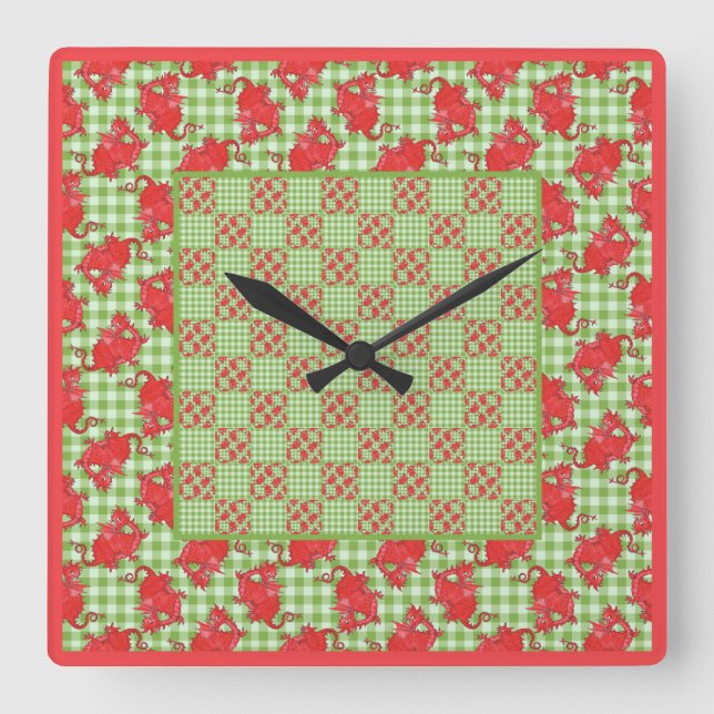 Square Wall Clock: Red Dragons on Green Gingham Clock (Front)