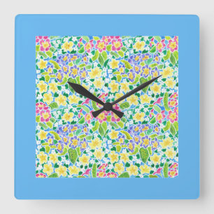 Square Wall Clock, Spring Primroses, Sky Blue Clock