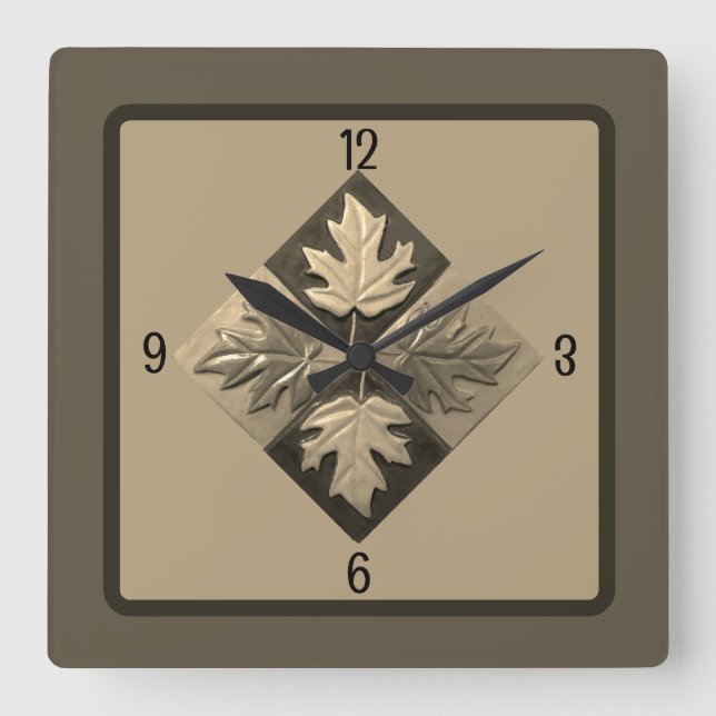 Square wall clock with Maple Leaves Sepia (Front)