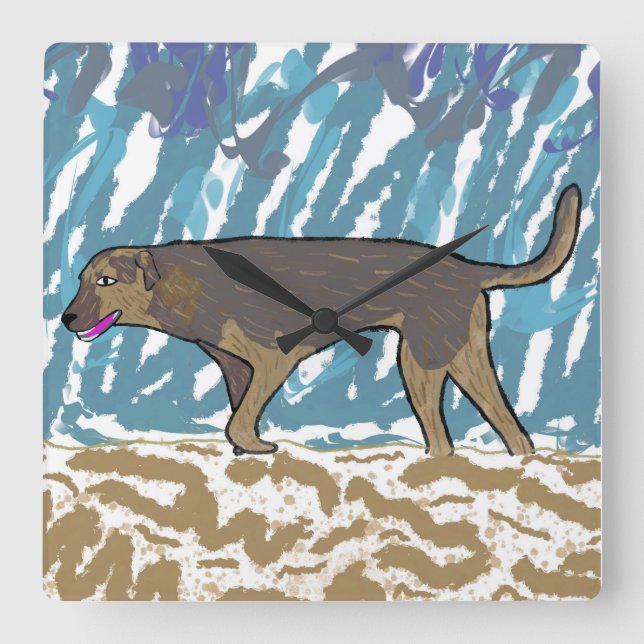 Square wall clock with walking dog design (Front)