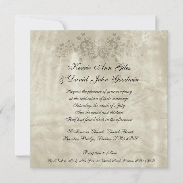Square Wedding Invitation Vintage Paper Butterfly (Front)