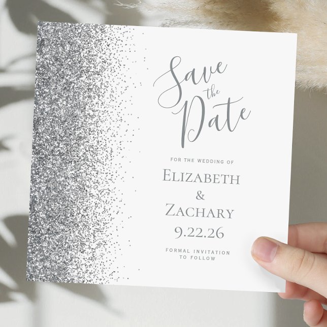 Square White Silver Glitter Save the Date Announcement (Creator Uploaded)