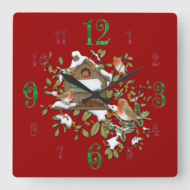 Square Winter Robin Bird House Wall Clock (Front)
