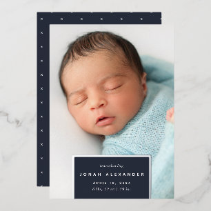 Squared Away Silver Foil Birth Announcement
