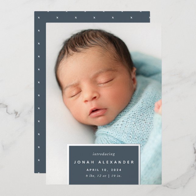 Squared Away | Silver Foil Birth Announcement (Front/Back)