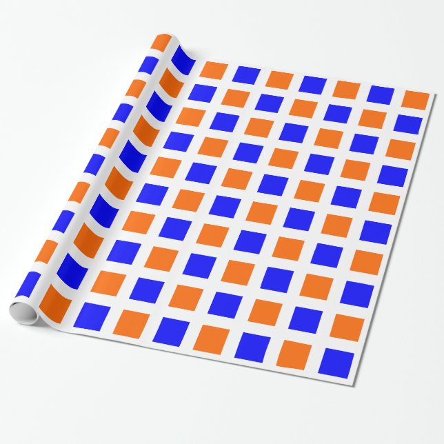 Squares - Blue and Orange on White Wrapping Paper (Unrolled)