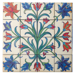 Squares Floral Blue And Orange Flowers Ceramic Tile
