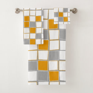 Squares, grey, white, mustard yellow, modern bath towel set