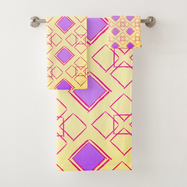Squares in Purple Throw Pillow Bath Towel Set (Insitu)