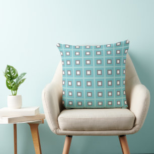Squares In Squares - Dusty Blue White Cushion