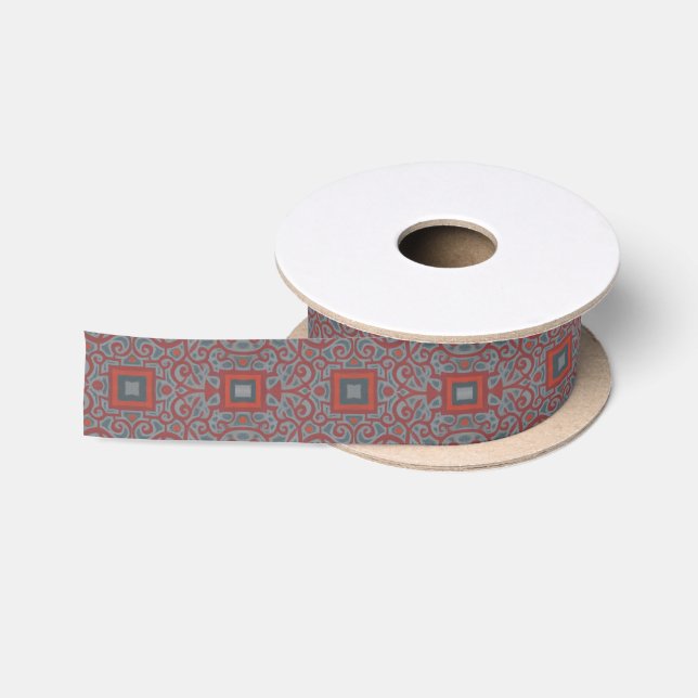 Squares & Lace, arabesque pattern, grey terracotta Satin Ribbon (Spool)