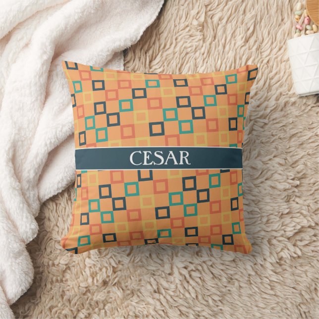Squares Peach Blue Minimal Pattern Cushion (Blanket)