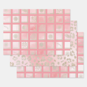 Squares Pink Floral Leopard Pattern Wrapping Paper Sheet